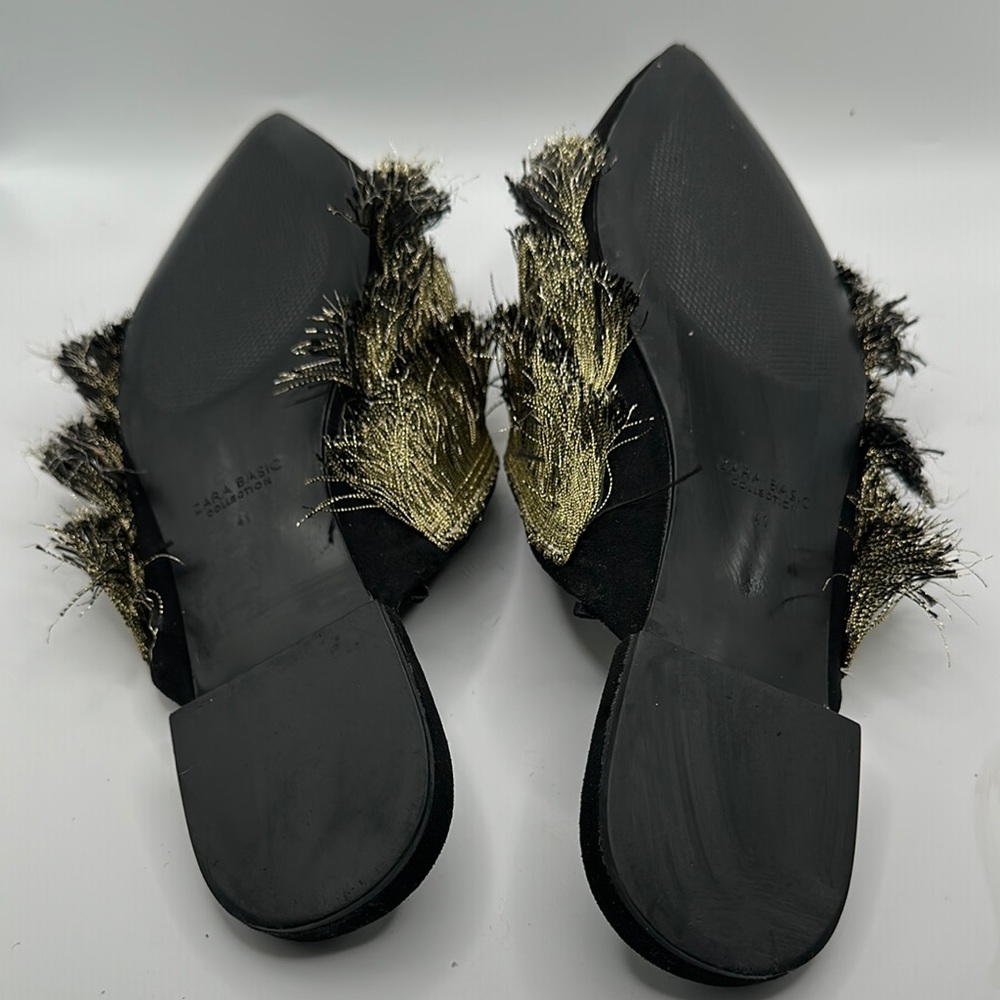 Zara Sz 11 Black Gold Metallic Fringe Mules with Distinctive Design - Picture 5 of 7